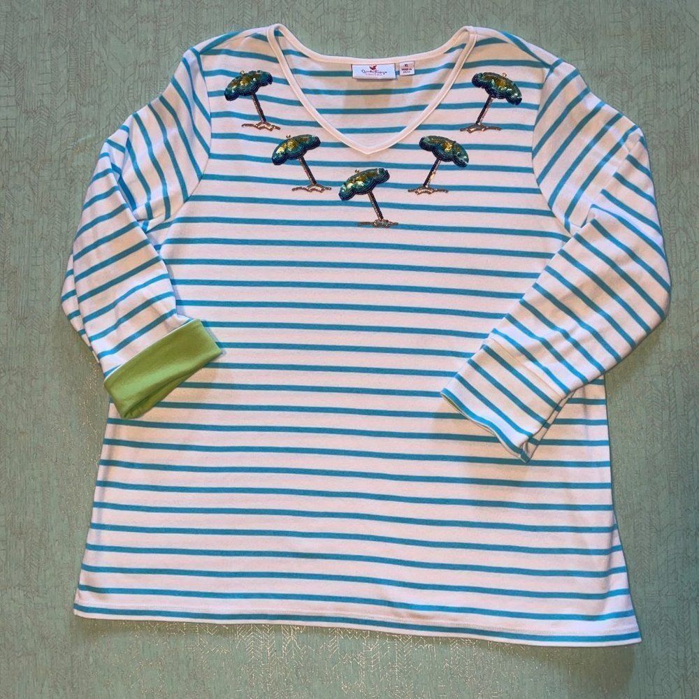 Quacker Factory XL Sequin Beach Umbrella V-neck blue white stripe soft tunic top